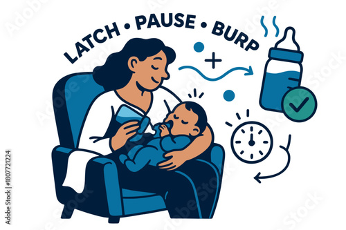 Modern Feeding Scene. Feeding time (breast/bottle). A cozy chair scene with a feeding timer and burp cloth ready; ?Latch ? Pause ? Burp? arcs above. A warm