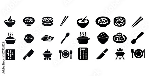 Collection of asian food icons featuring utensils, bowls, and cooking elements