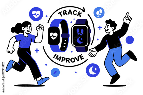 Wearable Health Icons. Healthcare Tech ? Wearable Devices. A wristband and smartwatch display health icons?heart rate, steps, sleep. Arrows circle around