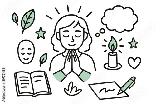 Inner Reflection Doodle. // Inner reflection. Hand-drawn doodle illustration Inner reflection [hands clasped (accented), closed eyes (accented), candle flame