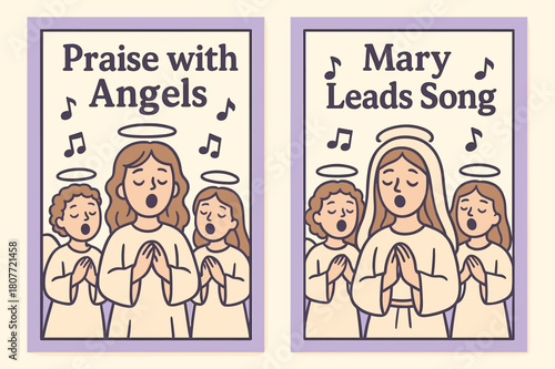 Angelic Singing Banners. Angelic Choir. Two vertical A6 banners with safe margins, centered composition, no elements touching edges, cartoon, lavender and