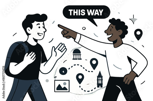 Friendly Directions Scene. Asking for directions. He smiles at a local who points with a warm arc; ?This way? tag hovers above intersecting arrows. Landmarks