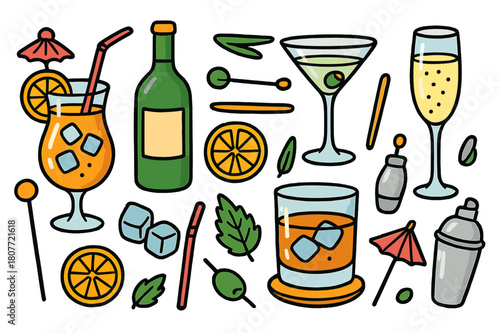 Colorful Beverage Icons. luxury beverages. Colorful Hand-drawn doodle Children illustration luxury beverages cocktail glass, wine glass, martini, whiskey