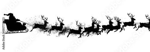 Black silhouette of Santa Claus riding his sleigh with reindeer.