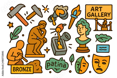Bronze Sculpture Icons. Bronze sculptures. Colorful Hand-drawn doodle Children illustration Bronze sculptures statue, artist hammer, chisel, base pedestal,