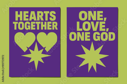 Unity of Hearts. Unity of Hearts. Two vertical A6 banners with safe margins, centered composition, no elements touching edges, brutalist, royal purple and