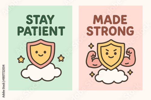 Patience and Strength Banners. Patience & Power. Two vertical A6 banners with safe margins, centered composition, no elements touching edges, cartoon, pastel