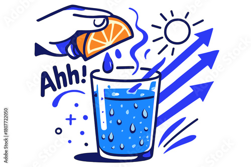 Vibrant Juice Bliss. Freshly squeezed juice on a hot day. Condensation beads race down a glass as a hand squeezes a bright wedge; ?Ahhh!? loops in the steam.