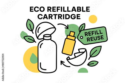 Eco Cartridge Design. Eco Refillable Cartridge. A bottle opens like a tidy shell to reveal a click-in refill; leaf icons and a ?Refill ? Reuse? tag orbit. A