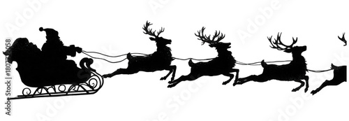 Black silhouette of Santa Claus riding his sleigh with reindeer.