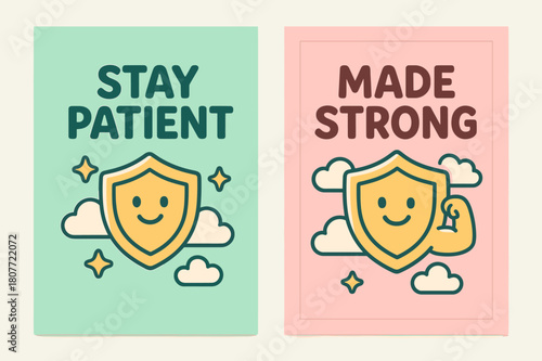 Patience and Strength Banners. Patience & Power. Two vertical A6 banners with safe margins, centered composition, no elements touching edges, cartoon, pastel