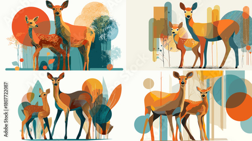 Colorful geometric illustration of deer and fawns standing in stylized nature elements. A modern wildlife artwork with bold shapes, warm tones, and expressive forest inspired design.