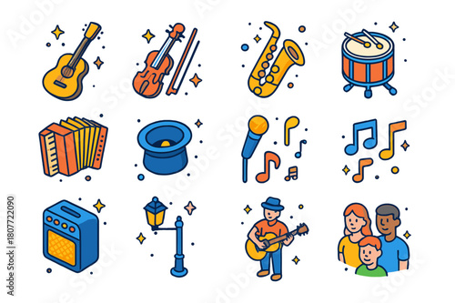 City Music Icon Set. City musician. Colorful isometric vector icons set of city musician: guitar, violin, saxophone, drum, accordion, hat for tips, microphone,