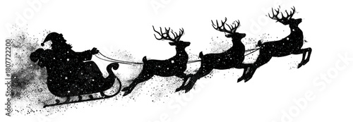 Black silhouette of Santa Claus riding in a sleigh pulled by three flying reindeer.