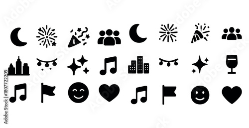 Celebration icons set with music notes, fireworks, buildings, and party elements