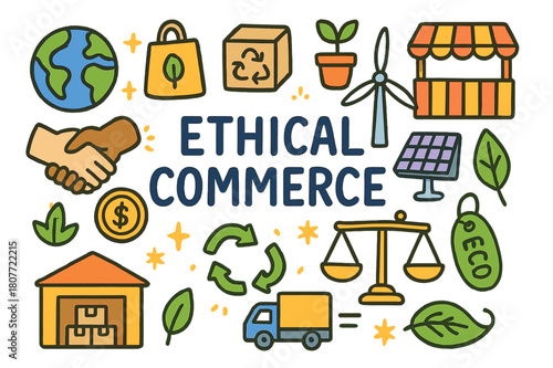 Ethical Commerce Doodles. ethical commerce. Colorful Hand-drawn doodle Children illustration ethical commerce globe, shopping bag, recycled box, plant,