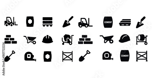 Construction tools and equipment icon set with forklift, cement, trowel, bricks, and hard hat
