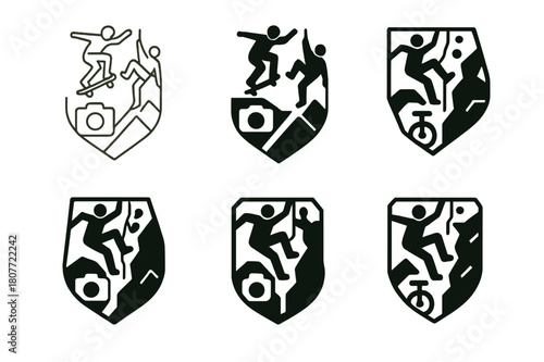 Adventure Logo Variations. Unusual hobbies and extreme sports. Set Logo of Unusual hobbies and extreme sports: adventure badge with mixed icons. harmonious