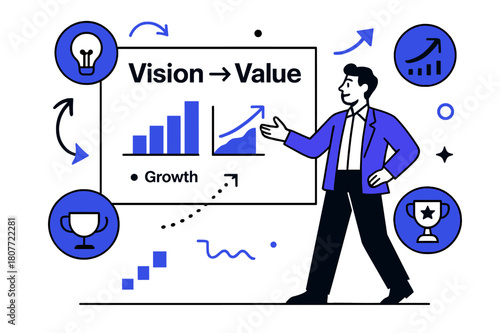 Dynamic Pitch Presentation. Developing a Business Pitch Deck. A presenter gestures toward clean slides featuring graphs and key phrases; a large title reads
