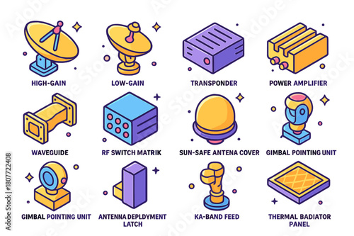 Spacecraft Systems Icons. Spacecraft communications systems. Colorful isometric vector icons set of Spacecraft communications systems: high-gain antenna,