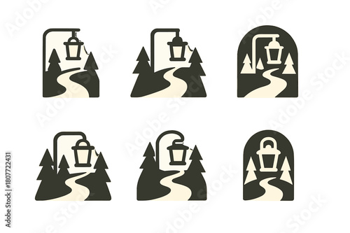 Symbolic Path Logos. symbolic path leading through the woods, filled with light. Set Logo of symbolic path leading through the woods, filled with light: