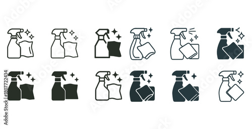 Cleaning supplies icon set featuring spray bottles and cloths