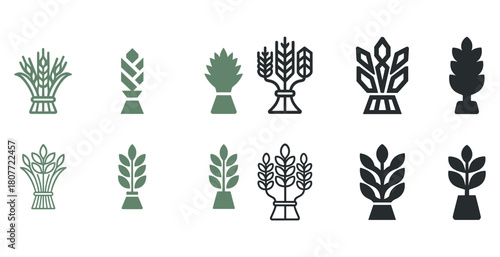 Variety of stylized plant icons in monochrome and green designs