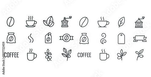 Coffee icons: cups, beans, grinders, and leaves in minimalist design