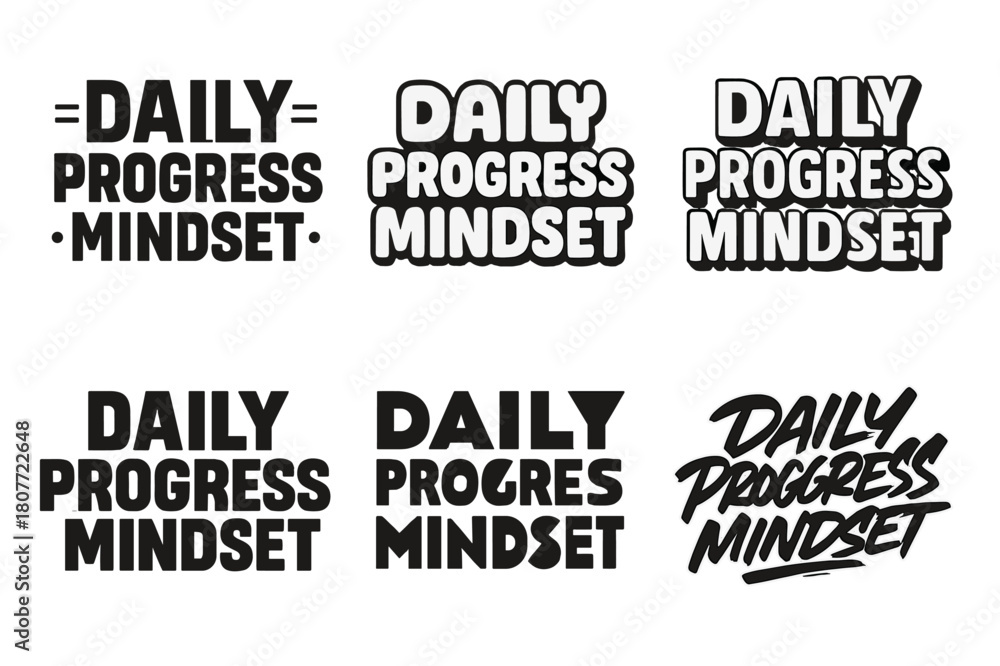 Fototapeta premium Creative Lettering Grid. Daily progress mindset. Set lettering. harmonious lettering variations of the same emblematic concept, each with different artistic