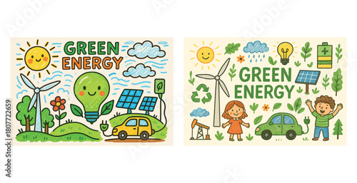 Green energy concepts illustrated with happy children and sustainable elements