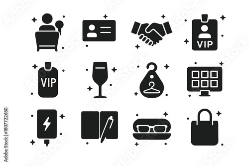Collector Experience Icons. Collector experience. Solid icons set of Collector experience: bidder seat, business card, handshake deal, membership card, VIP