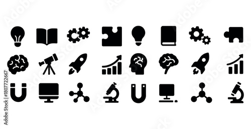 Black silhouettes of science and education icons on white background