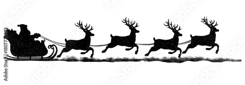 Classic black silhouette of Santa Claus riding his sleigh with four reindeer.