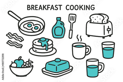 Colorful Breakfast Icons. // Breakfast cooking. Hand-drawn doodle illustration Breakfast cooking [frying pan (accented), eggs, bacon, pancake stack (accented),