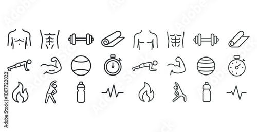 Fitness icon set: dumbbells, yoga, stopwatch, hydration, heartbeat - outline style