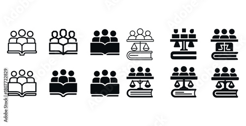 Icons of people, books, and scales of justice in various styles
