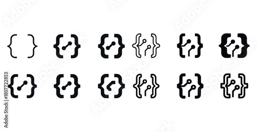 Collection of abstract circuit bracket icons in black outline style