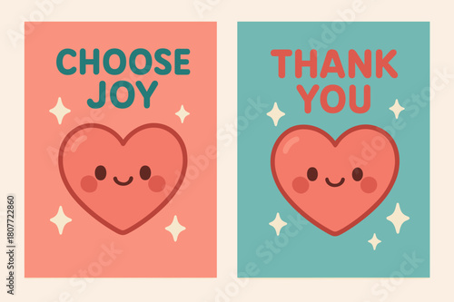 Choose Joy, Thank You. Gratitude. Two vertical A6 banners with safe margins, centered composition, no elements touching edges, kawaii, coral and teal, heart,