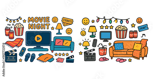 Colorful movie night elements with tv, snacks, and cozy decor