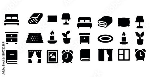 Home decor icons: bed, lamp, pillow, plant, furniture - simplified black silhouettes
