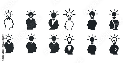 Creative concept icons: light bulb and head silhouettes illustrating ideas and innovation