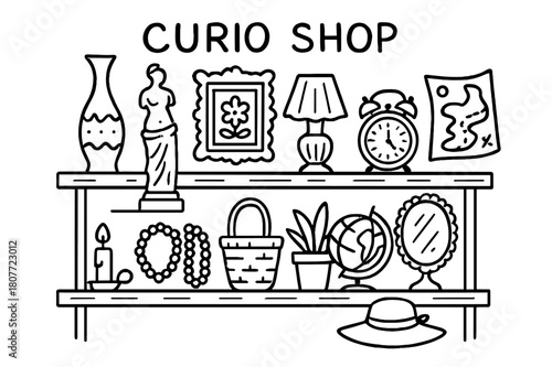 Curio Shop Doodle. Curio shop. Hand-drawn doodle illustration curio shop shelf, vase, figurine, lamp, old clock, map, jewelry, candle, basket, plant, globe,