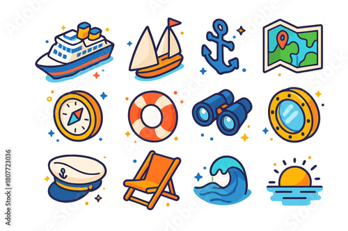Ocean Travel Icons. Ocean travel. Colorful isometric vector icons set of ocean travel: cruise ship, sailboat, anchor, map, compass, lifebuoy, binoculars,