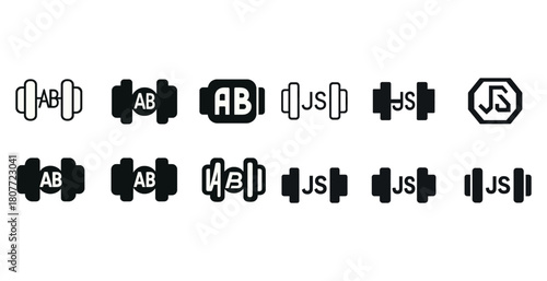 Set of gym dumbbell and initial logos in black and white
