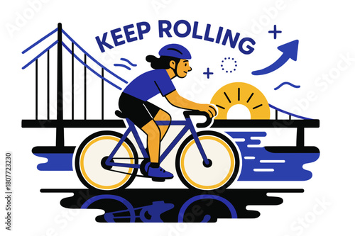 Cyclist Bridge Dynamics. Cyclist on a bridge. Wheels carve twin halos as the sun sits low behind cables; ?Keep rolling? floats on the breeze. Water below