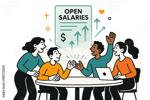 Illuminated Open Salaries. Pay transparency. A clear glass payslip glows above a team table; label reads ?Open Salaries.? Trust rises like arrows of light.
