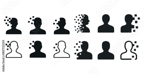 Silhouette digital transformation: male female profiles with pixelated effects