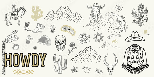 Hand drawn western elements collection with cowboy mountains and cacti