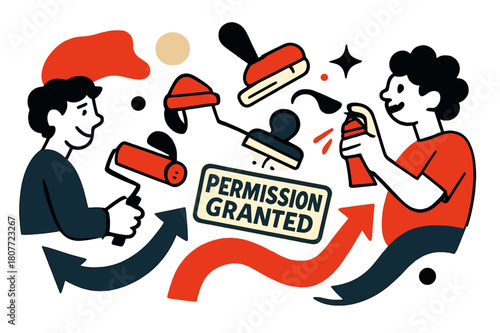 Dynamic Street Mural. Street art mural. A roller and spray can tag a bright wall; ?Permission granted? stamp pops with a click. Arrows sweep viewers? eyes