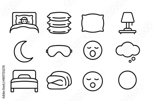 Cozy Bed Icon Set. Soft, Fluffy Pillows Surrounding Someone in Bed. Line icon set of Soft, Fluffy Pillows Surrounding Someone in Bed: bed frame, headboard,